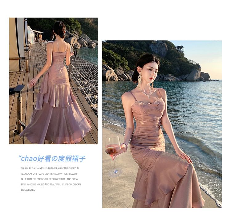 Spaghetti Strap Plain Ruched Panel A-Line Evening Dress