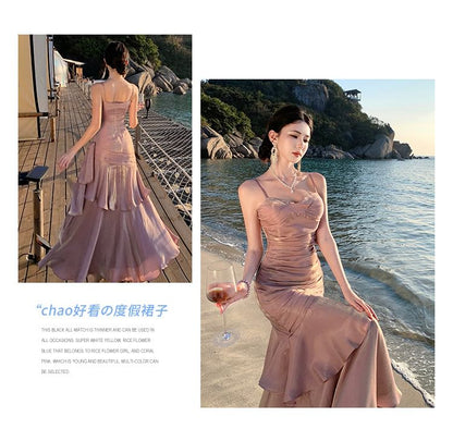 Spaghetti Strap Plain Ruched Panel A-Line Evening Dress