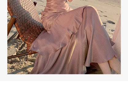 Spaghetti Strap Plain Ruched Panel A-Line Evening Dress