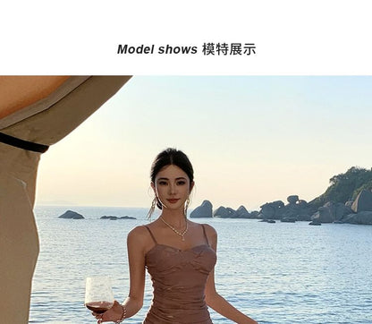 Spaghetti Strap Plain Ruched Panel A-Line Evening Dress