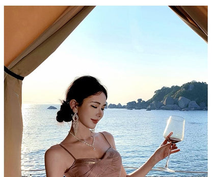 Spaghetti Strap Plain Ruched Panel A-Line Evening Dress