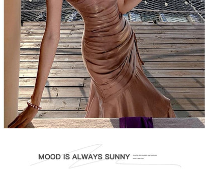 Spaghetti Strap Plain Ruched Panel A-Line Evening Dress