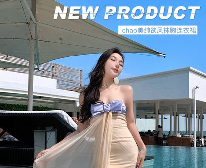 Bow Maxi Sheath Tube Cocktail Dress