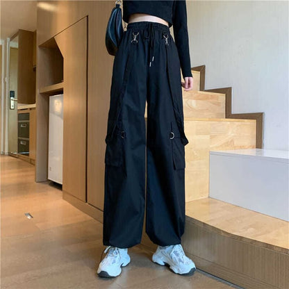 Drawstring Waist Plain Wide Leg Suspender Cargo Pants