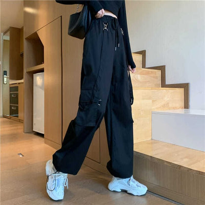 Drawstring Waist Plain Wide Leg Suspender Cargo Pants