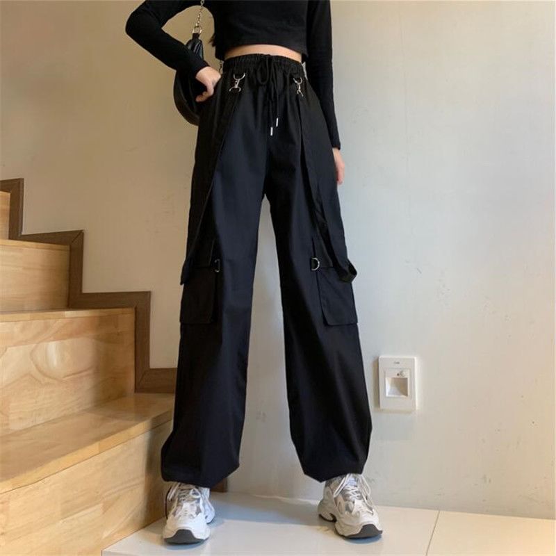 Drawstring Waist Plain Wide Leg Suspender Cargo Pants