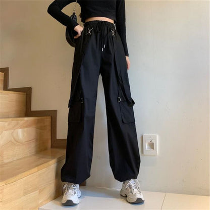 Drawstring Waist Plain Wide Leg Suspender Cargo Pants