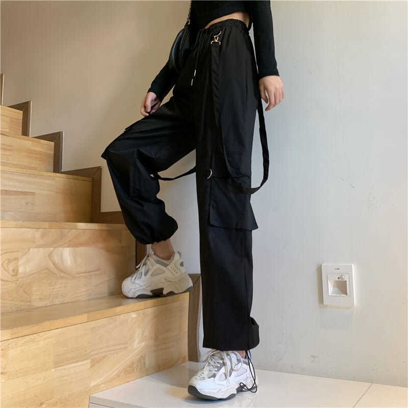 Drawstring Waist Plain Wide Leg Suspender Cargo Pants