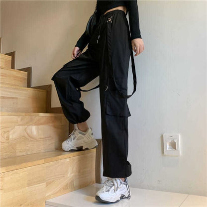 Drawstring Waist Plain Wide Leg Suspender Cargo Pants