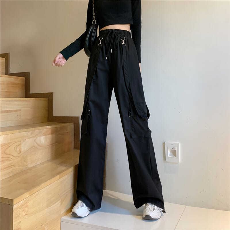 Drawstring Waist Plain Wide Leg Suspender Cargo Pants