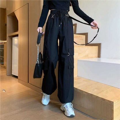 Drawstring Waist Plain Wide Leg Suspender Cargo Pants