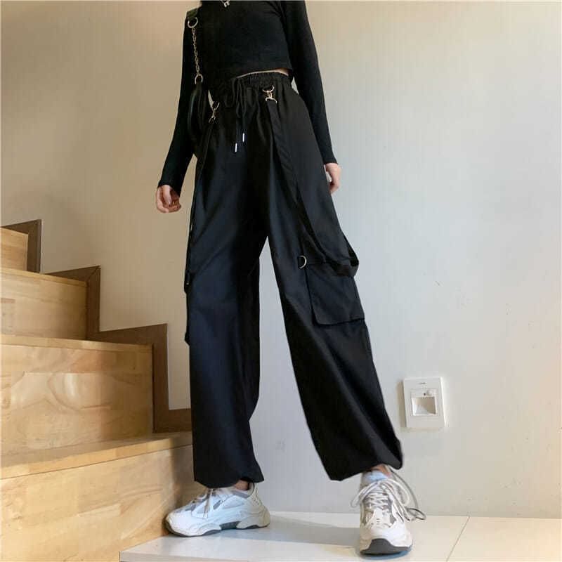 Drawstring Waist Plain Wide Leg Suspender Cargo Pants