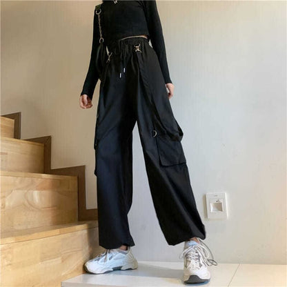 Drawstring Waist Plain Wide Leg Suspender Cargo Pants