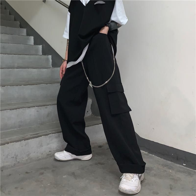 Elastic Waist Plain Fleece-Lined Wide Leg Cargo Pants