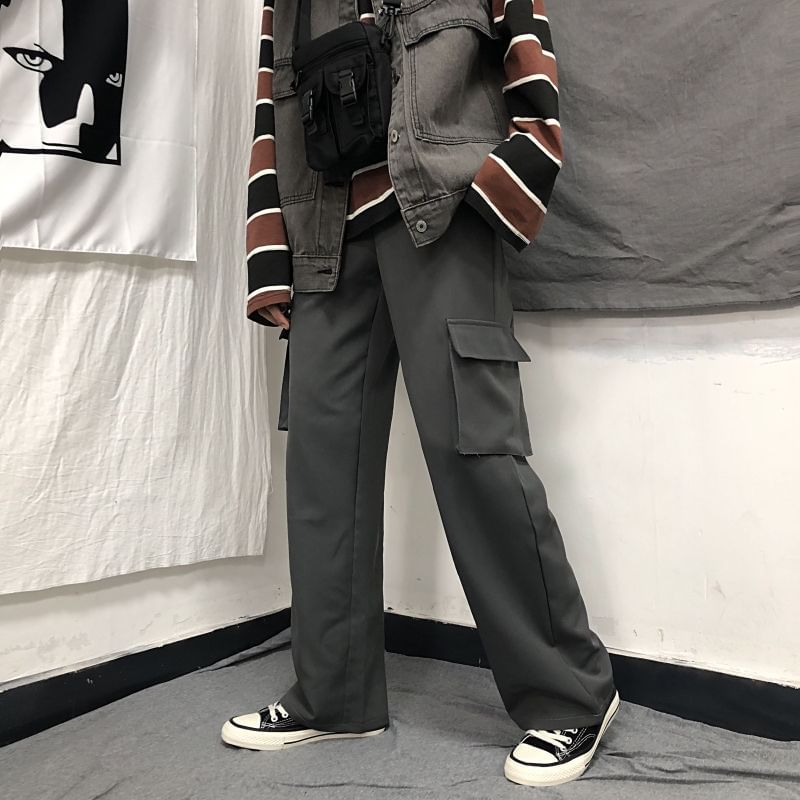Elastic Waist Plain Fleece-Lined Wide Leg Cargo Pants