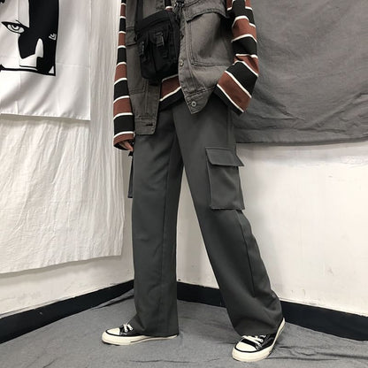 Elastic Waist Plain Fleece-Lined Wide Leg Cargo Pants