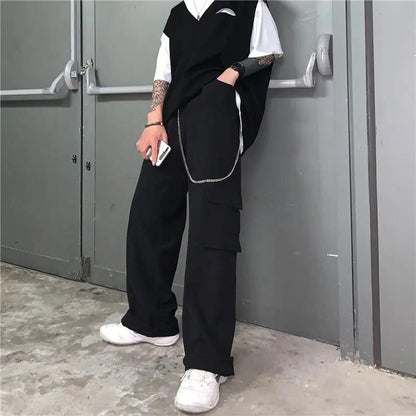 Elastic Waist Plain Fleece-Lined Wide Leg Cargo Pants