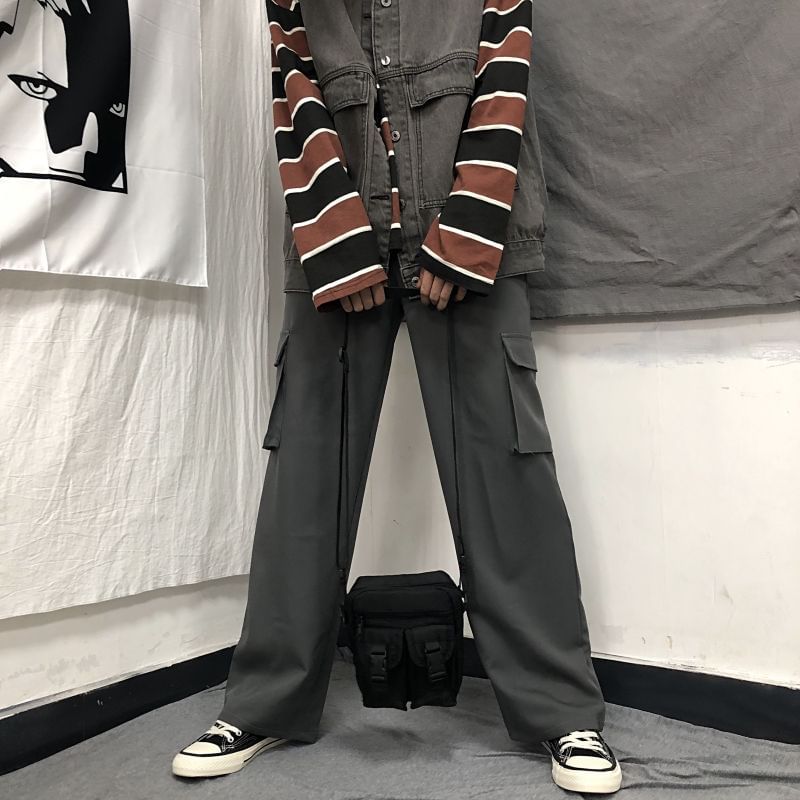 Elastic Waist Plain Fleece-Lined Wide Leg Cargo Pants