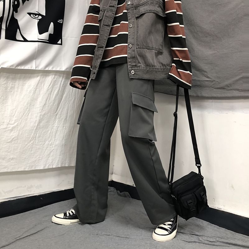 Elastic Waist Plain Fleece-Lined Wide Leg Cargo Pants