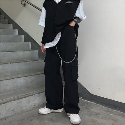 Elastic Waist Plain Fleece-Lined Wide Leg Cargo Pants