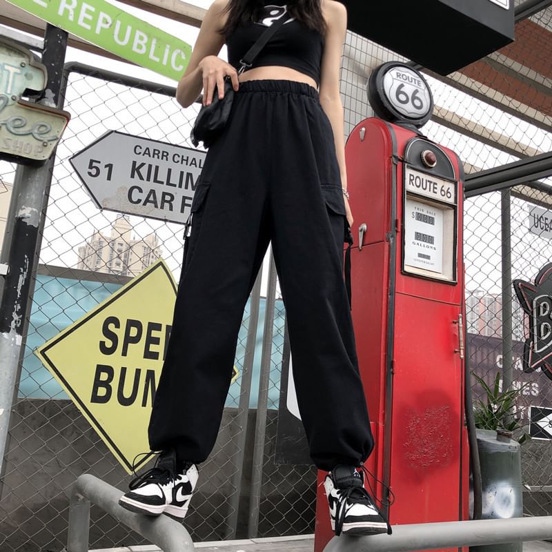 Elastic Waist Plain Fleece-Lined Wide Leg Cargo Pants