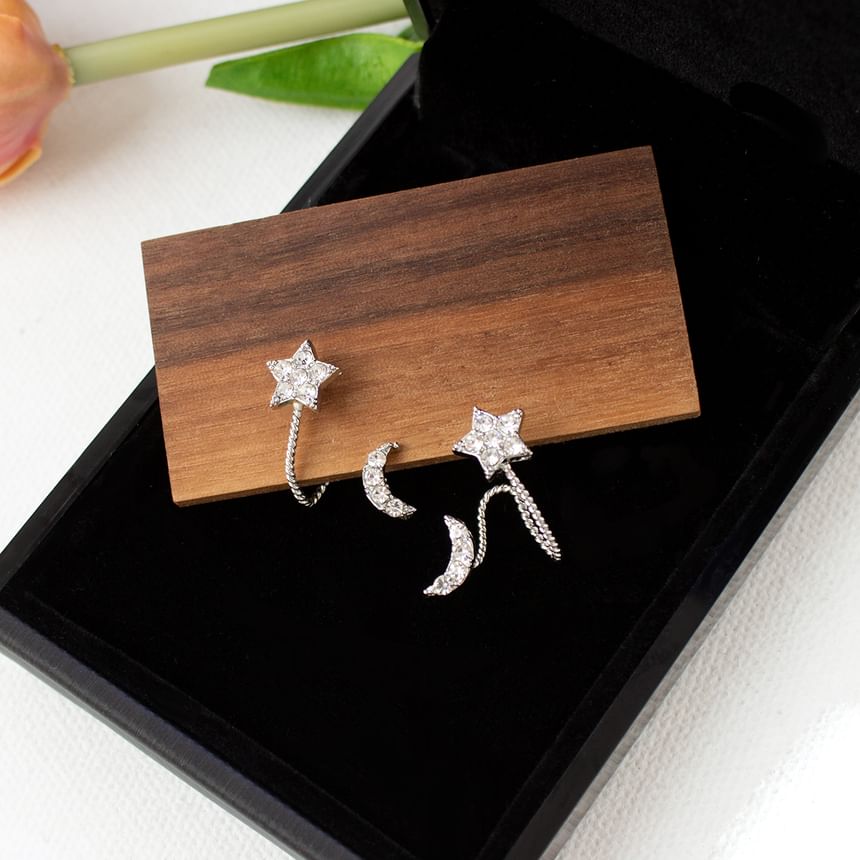 Rhinestone Star Crescent Climber Earring / Clip On Earring