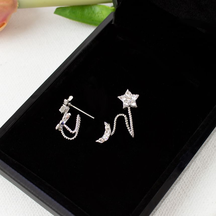 Rhinestone Star Crescent Climber Earring / Clip On Earring