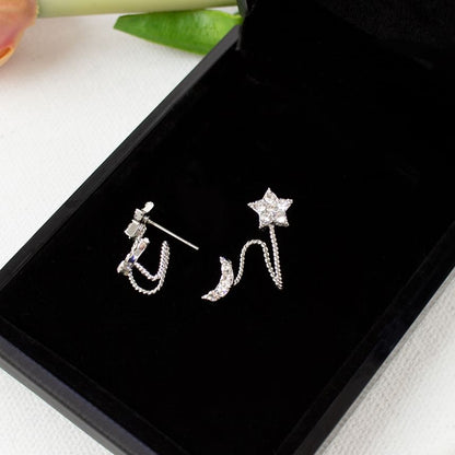 Rhinestone Star Crescent Climber Earring / Clip On Earring