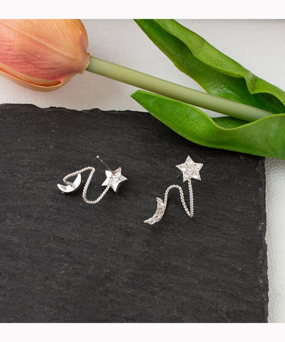 Rhinestone Star Crescent Climber Earring / Clip On Earring
