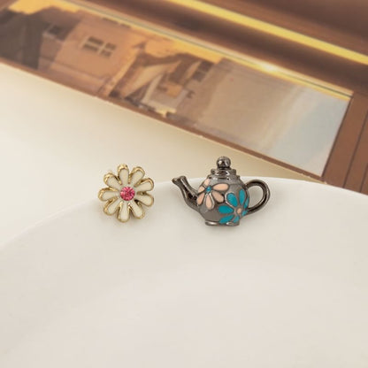Enamel Flower Teapot Asymmetrical Stud Earring / Clip On Earring