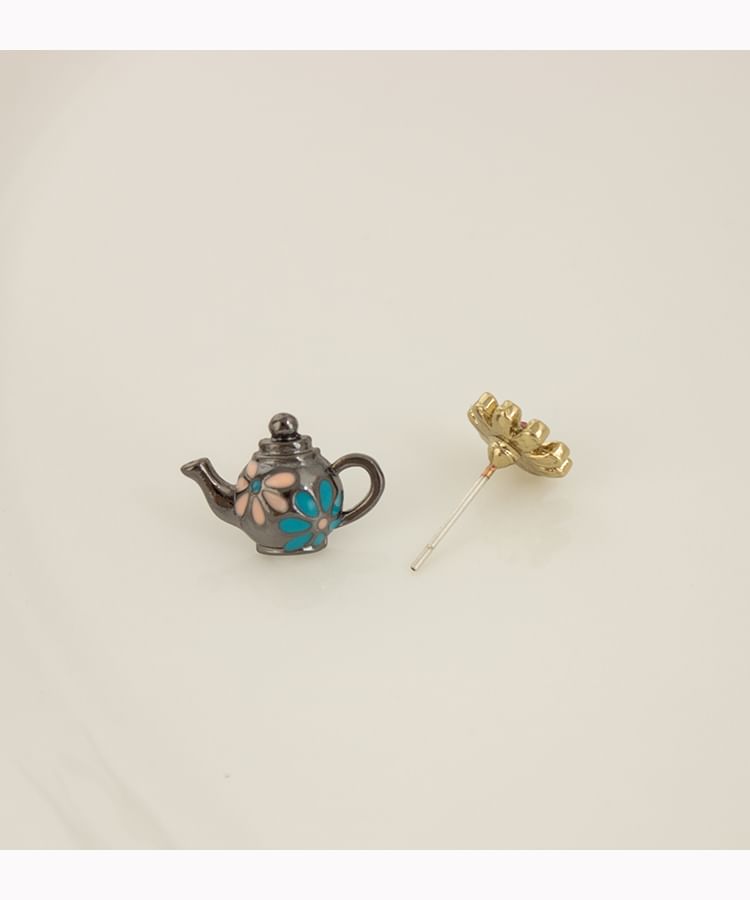 Enamel Flower Teapot Asymmetrical Stud Earring / Clip On Earring