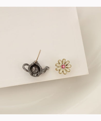 Enamel Flower Teapot Asymmetrical Stud Earring / Clip On Earring