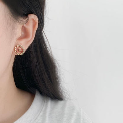 Enamel Flower Bee Asymmetrical Stud Earring / Clip On Earring