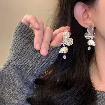 Rhinestone Butterfly Drop Earring / Clip On Earring