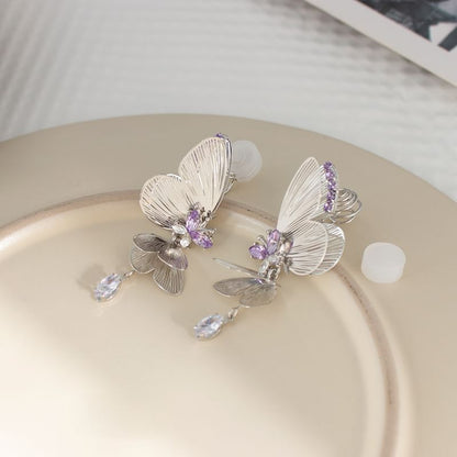 Rhinestone Butterfly Drop Earring / Clip On Earring
