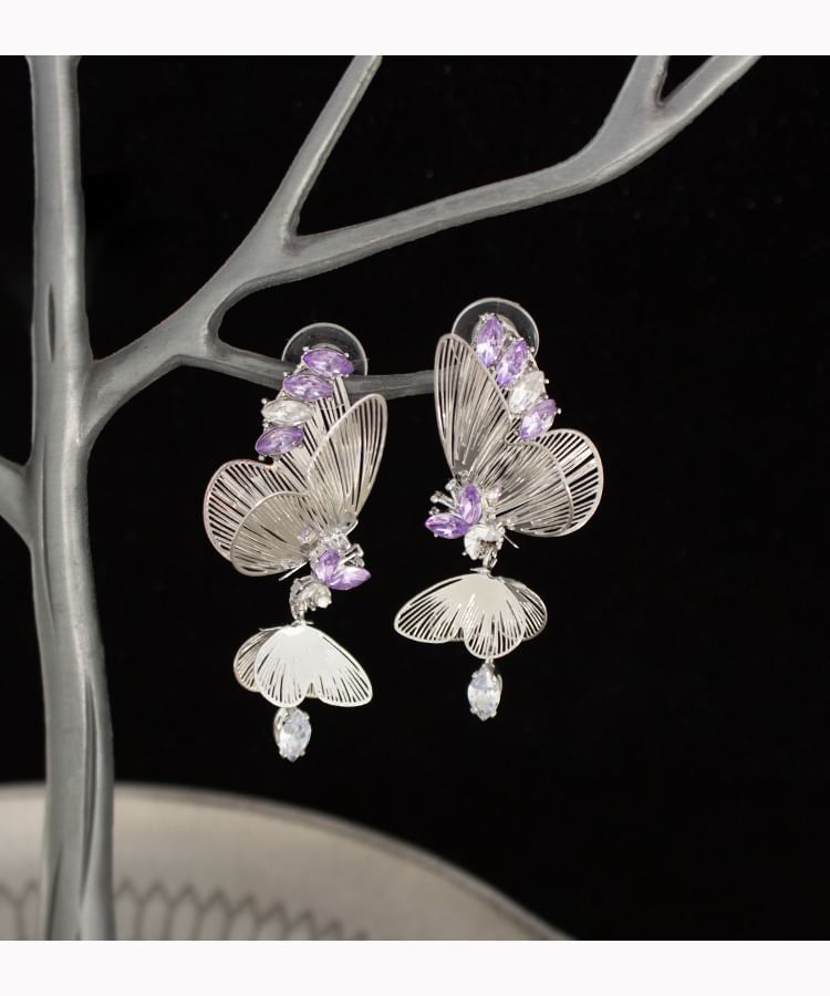Rhinestone Butterfly Drop Earring / Clip On Earring
