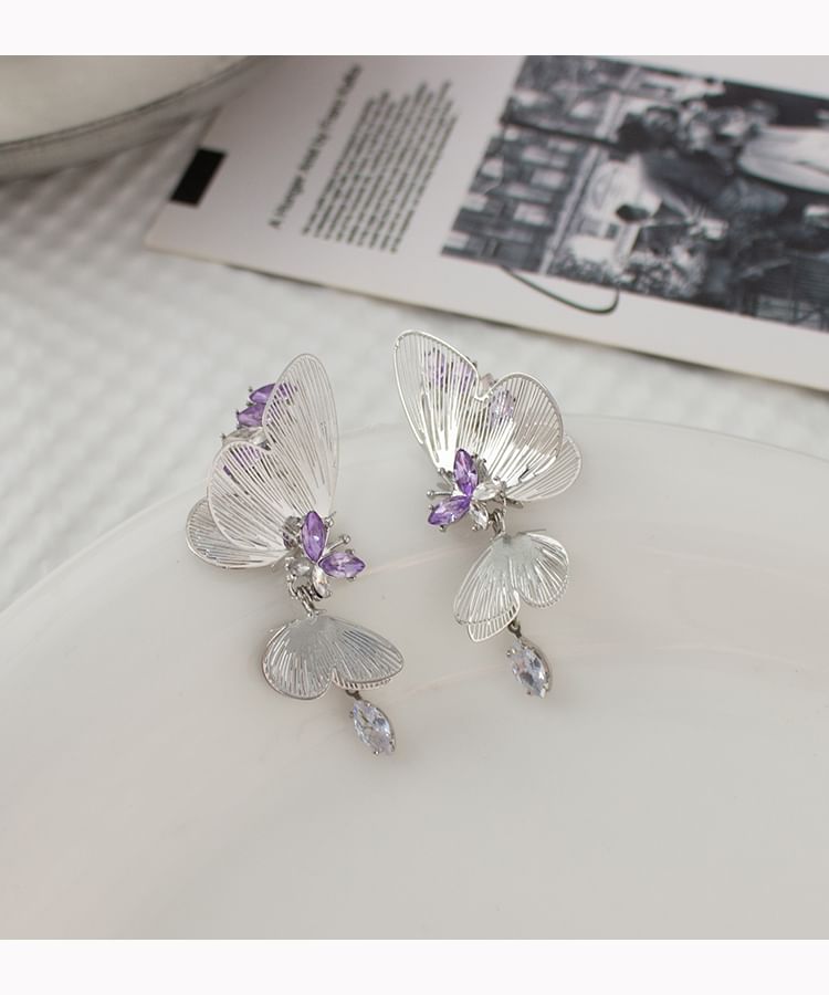 Rhinestone Butterfly Drop Earring / Clip On Earring