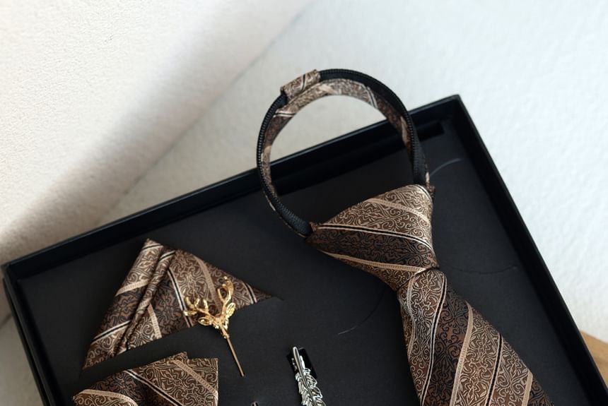 Striped Necktie & Accessory Set - Tie Clip Lapel Pin Pocket Square
