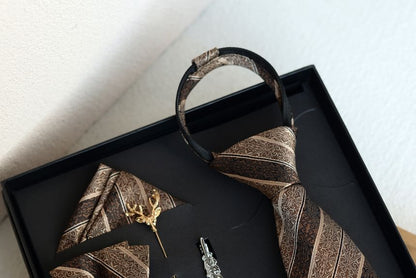 Striped Necktie & Accessory Set - Tie Clip Lapel Pin Pocket Square