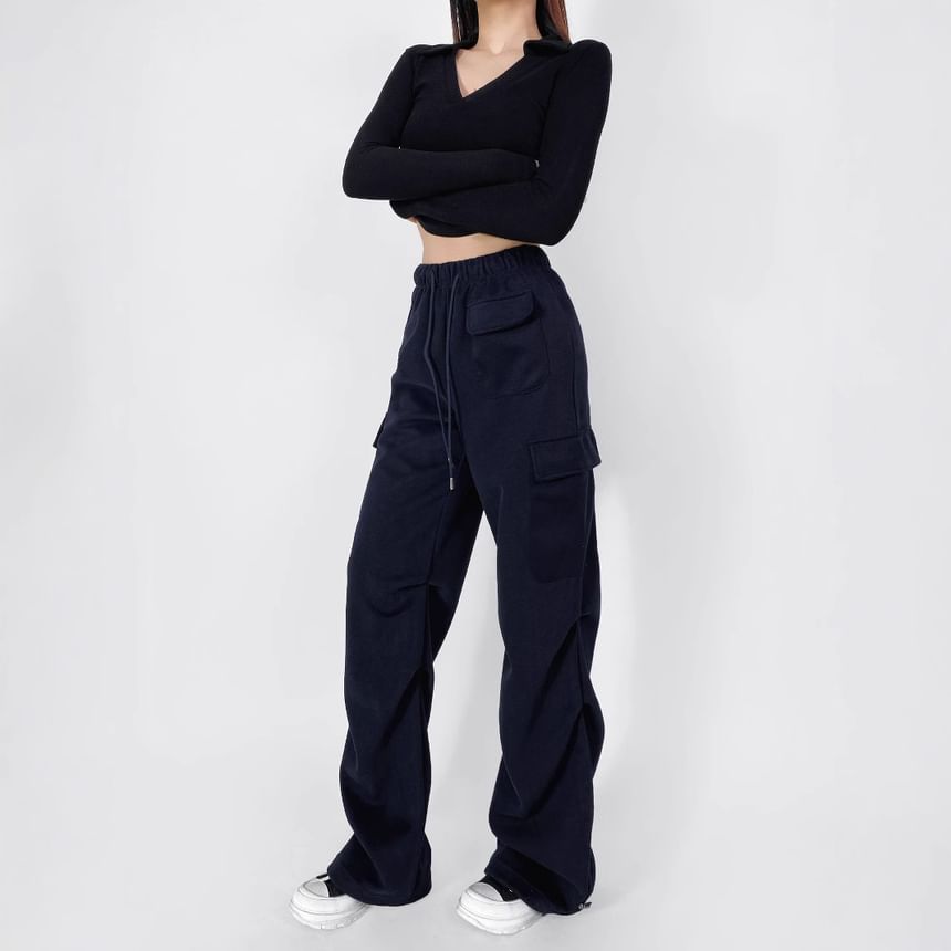 Drawstring Waist Plain Straight Leg Cargo Pants