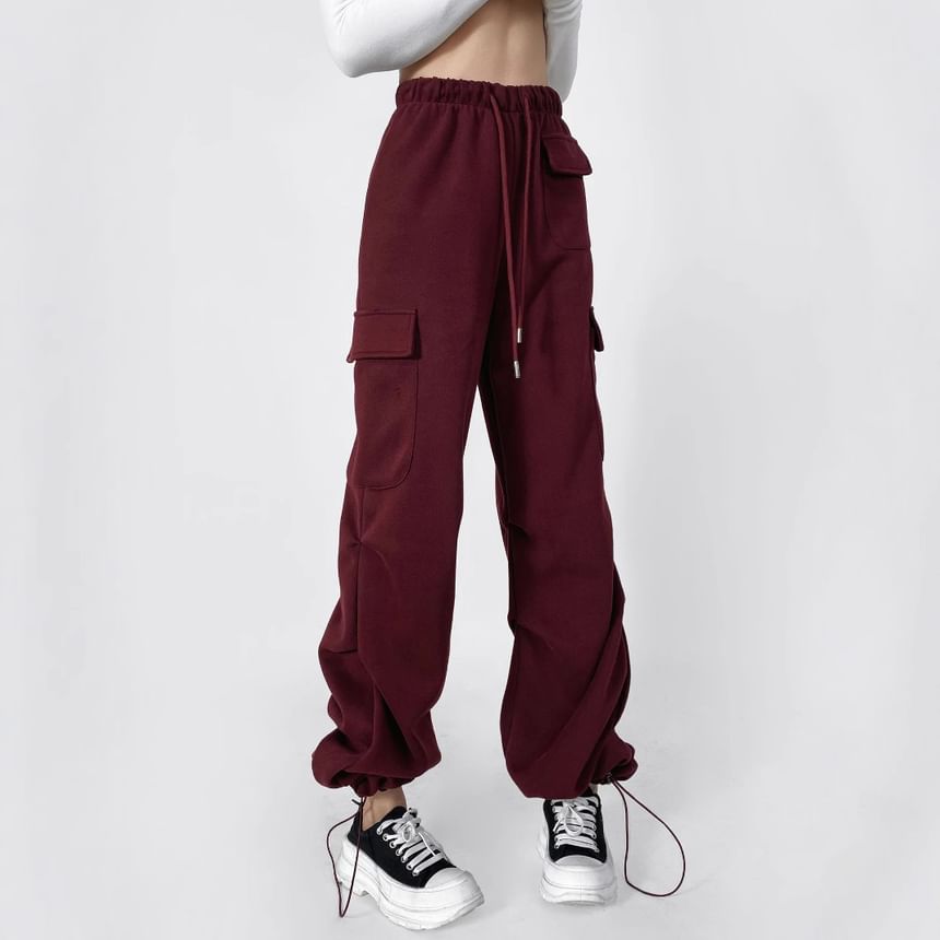 Drawstring Waist Plain Straight Leg Cargo Pants