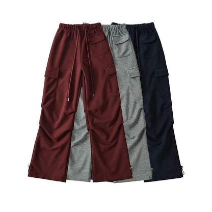 Drawstring Waist Plain Straight Leg Cargo Pants