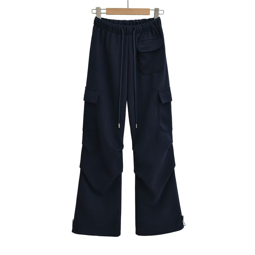 Drawstring Waist Plain Straight Leg Cargo Pants