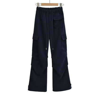 Drawstring Waist Plain Straight Leg Cargo Pants