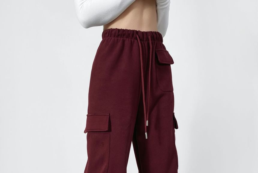 Drawstring Waist Plain Straight Leg Cargo Pants