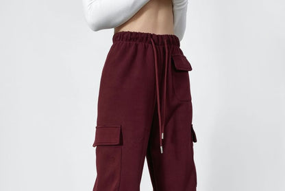Drawstring Waist Plain Straight Leg Cargo Pants