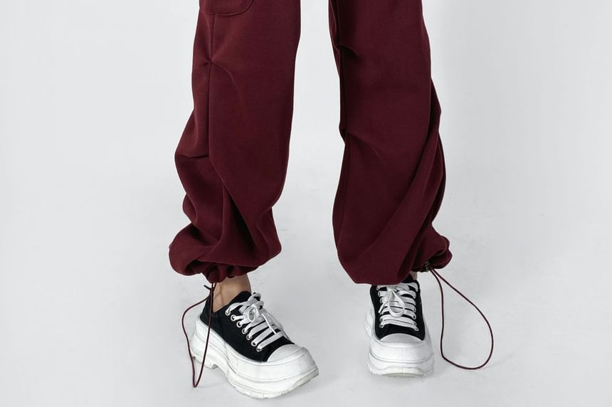 Drawstring Waist Plain Straight Leg Cargo Pants