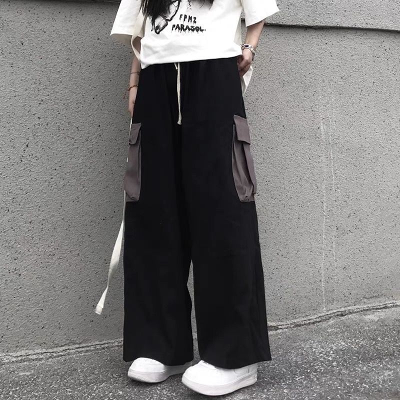High Waist Two Tone Wide Leg Cargo Pants