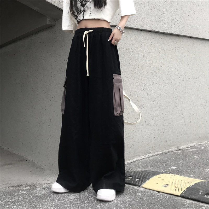 High Waist Two Tone Wide Leg Cargo Pants