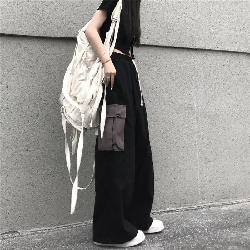 High Waist Two Tone Wide Leg Cargo Pants